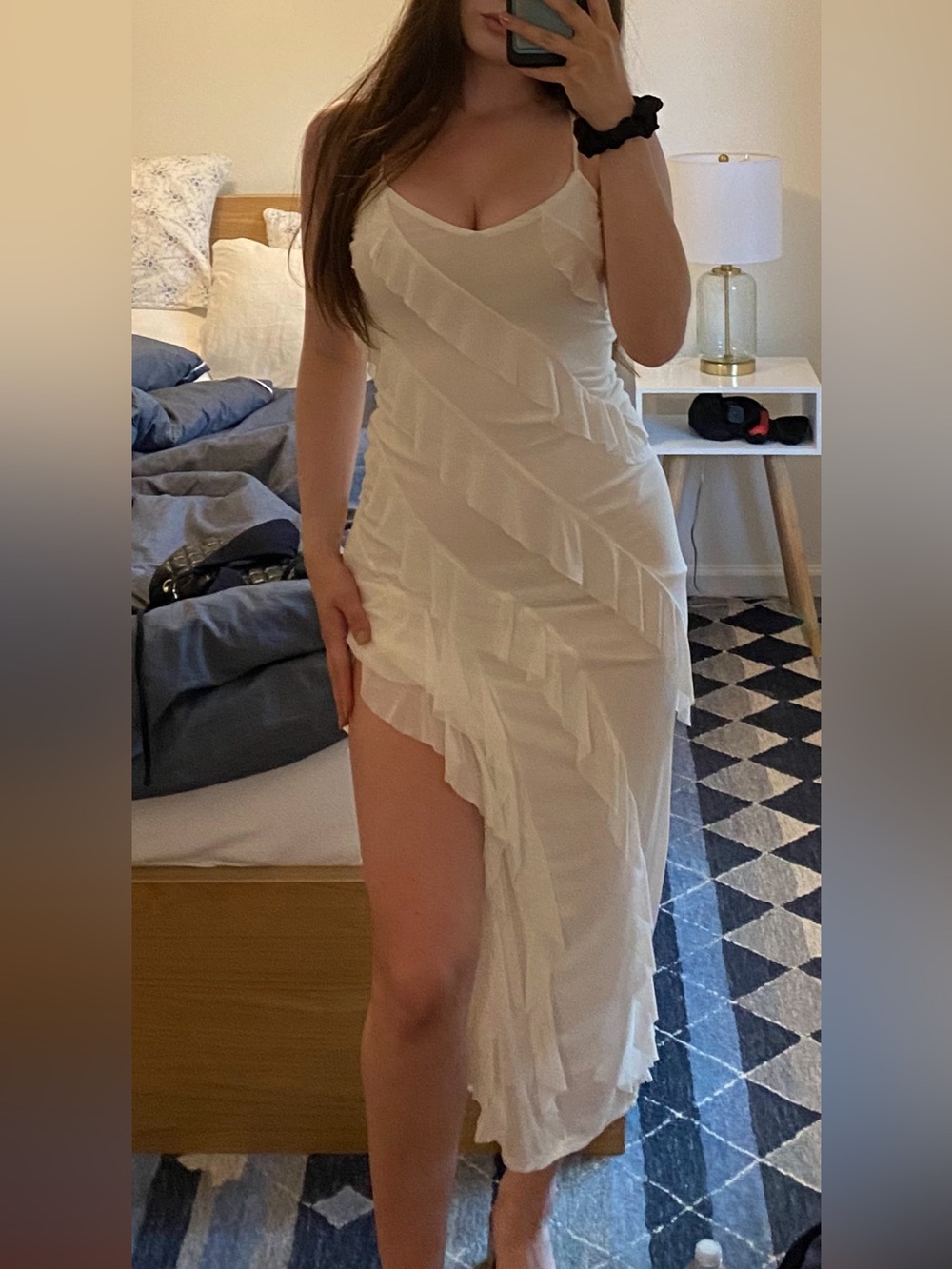 White Fox Boutique White Ruffle Asymmetric Maxi Dress